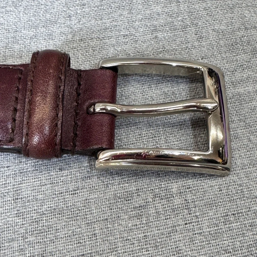 Polo Ralph Lauren Mens Burgundy Italian Leather Belt Size 36 Silver Logo Plaque
